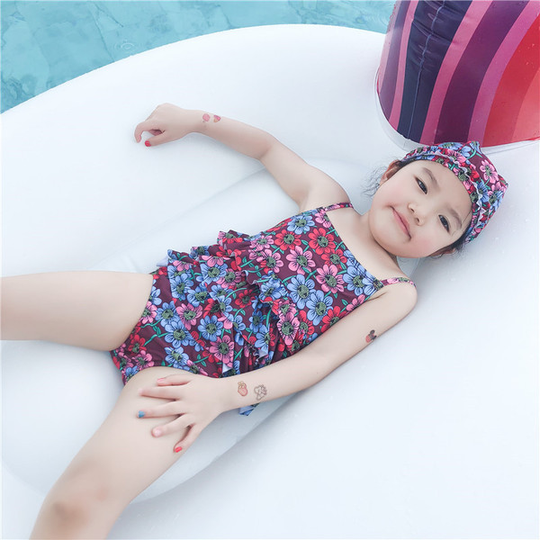 Costum de baie complet pentru copii, elegant, cu motiv floral, cu pălărie