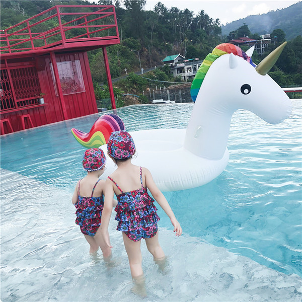 Costum de baie complet pentru copii, elegant, cu motiv floral, cu pălărie