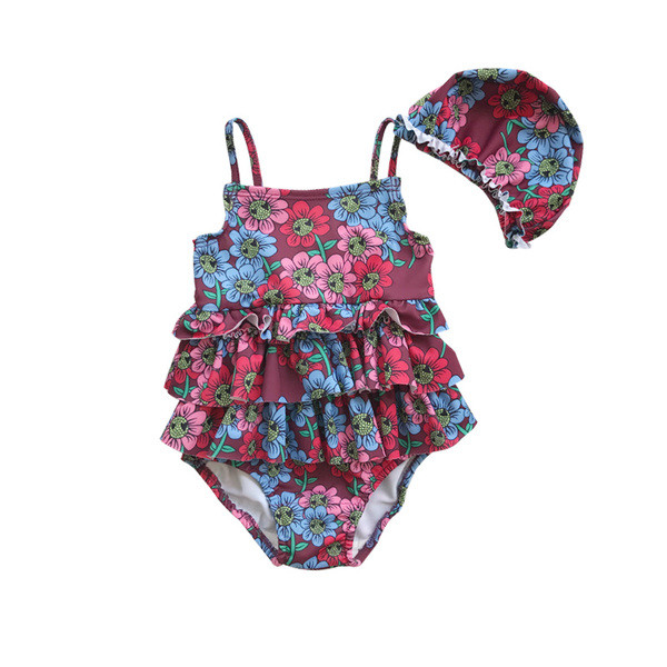 Costum de baie complet pentru copii, elegant, cu motiv floral, cu pălărie