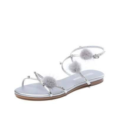 Sandale de damă elegante cu puf în argintiu și roz