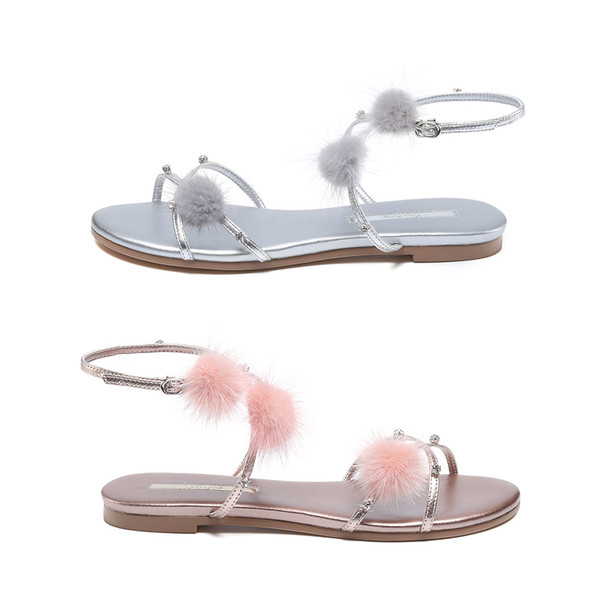 Sandale de damă elegante cu puf în argintiu și roz