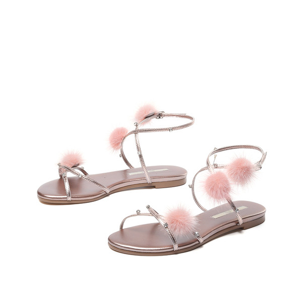 Sandale de damă elegante cu puf în argintiu și roz