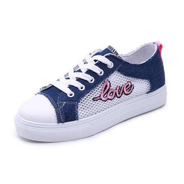 Tenisi dama din denim in doua culori cu plasa si broderie