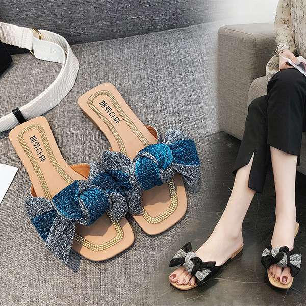 Papuci eleganti de damă, în albastru și negru, cu o panglică strălucitoare