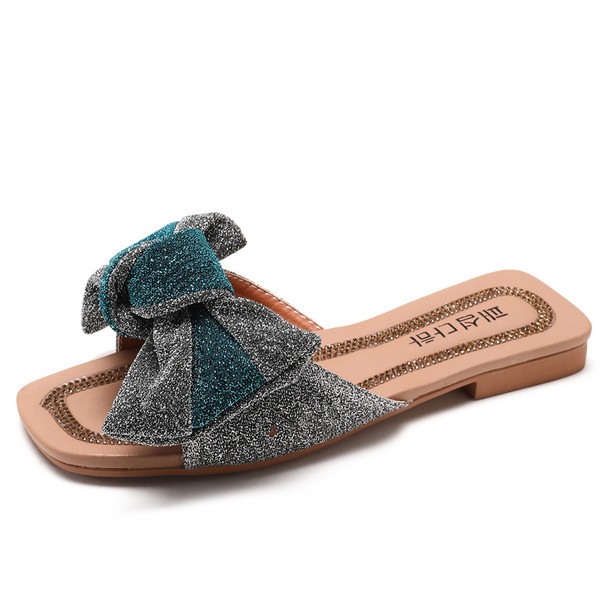 Papuci eleganti de damă, în albastru și negru, cu o panglică strălucitoare