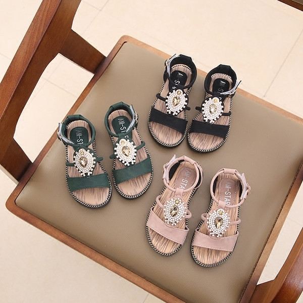 Casual παιδικά σανδάλια για κορίτσια σε ροζ, πράσινο και μαύρο χρώμα με διακόσμηση