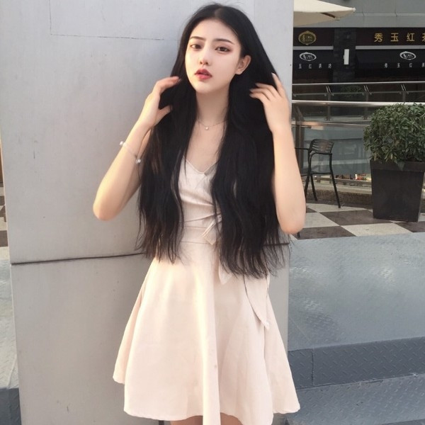 Rochie eleganta de dama cu decolteu in V cu panglica in doua culori