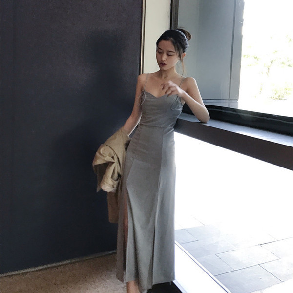 Rochie lungă de damă cu fante de culoare gri