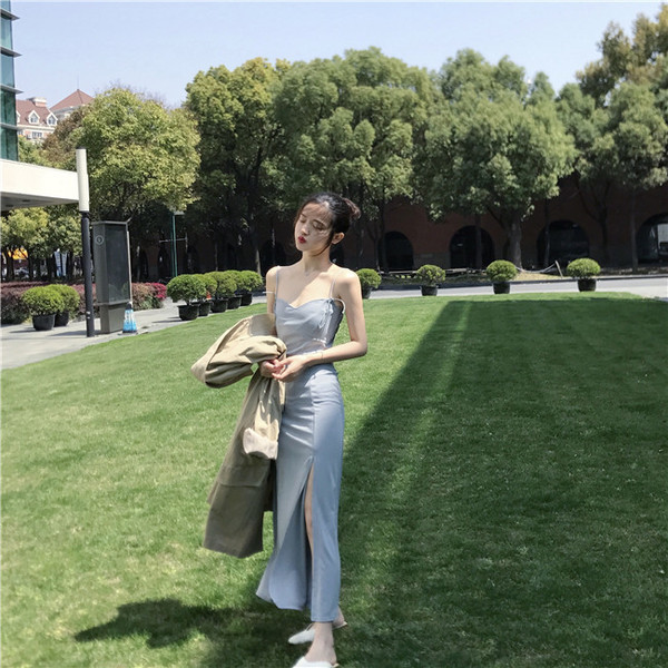 Rochie lungă de damă cu fante de culoare gri