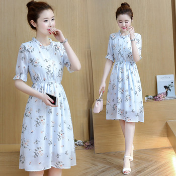 Γυναικείο φόρεμα με μανίκι 3/4 με φυτικό μοτίβο σε δύο χρώματα