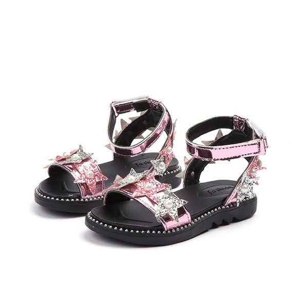 Παιδικά σανδάλια για κορίτσια σε δύο χρώματα με διακοσμητικά αστέρια και μαργαριτάρια