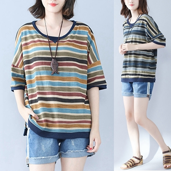 Καλοκαιρινή μπλούζα ριγέ με μέγιστο μέγεθος σε δύο χρώματα