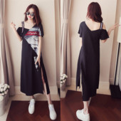 Καθημερινό γυναικείο φόρεμα μακρύ με εφαρμογή και σχισμή σε μαύρο χρώμα