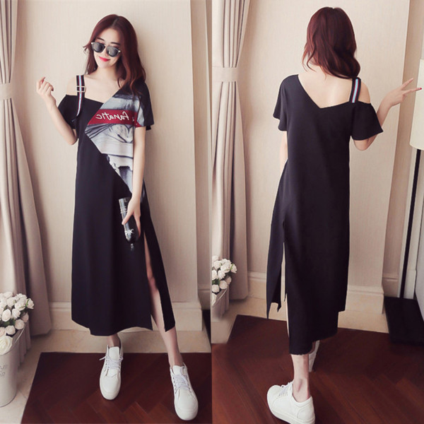 Καθημερινό γυναικείο φόρεμα μακρύ  με εφαρμογή και σχισμή σε μαύρο χρώμα