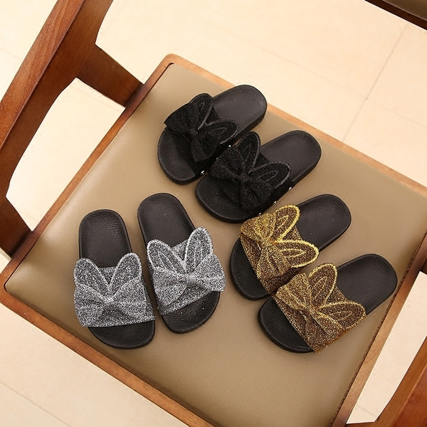 Papuci de copii eleganti stralucitori pentru fete cu panglica si urechi