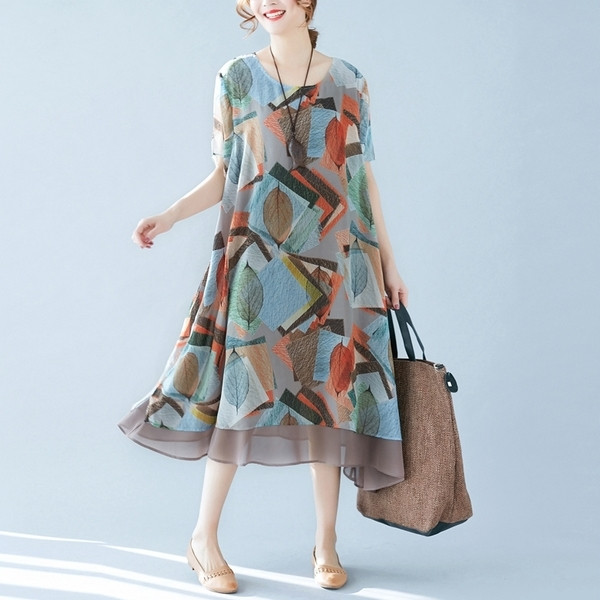 Rochie de dama marimea MAXI cu motive florale si geometrice