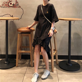 Γυναικείο φόρεμα με μανίκι 3/4 σε ελεύθερο στυλ σε γκρι και μαύρο χρώμα