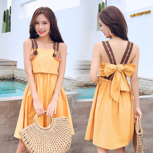 Κομψό γυναικείο φόρεμα με κορδέλα στην πλάτη σε δύο χρώματα