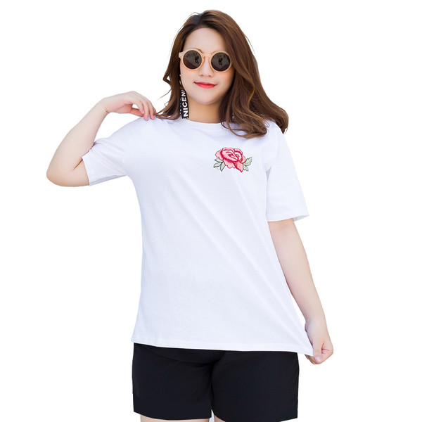 Tricou dama cu maneca scurta marimi MAXI alb-negru cu broderie trandafiri