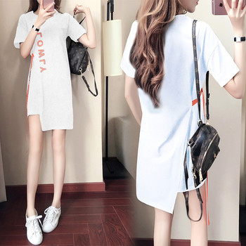 Sport - rochie casual de dama cu lungime asimetrica si inscriptionare alb si negru