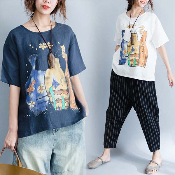 Γυναικείο μπλουζάκι MAXI  μεγέθους με κοντό μανίκι και εκτύπωση σε τρία χρώματα