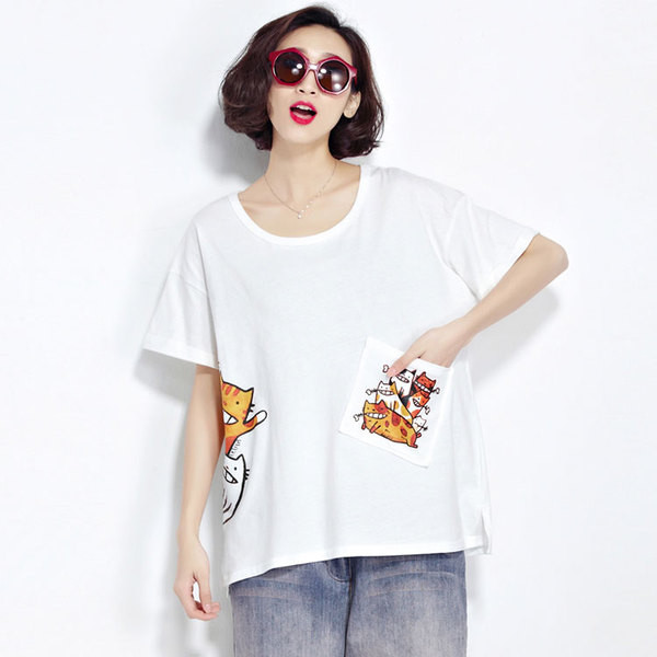 ΜΑΧΙ μεγέθους γυναικείο t-shirt  με  γατάκι σε τρία χρώματα