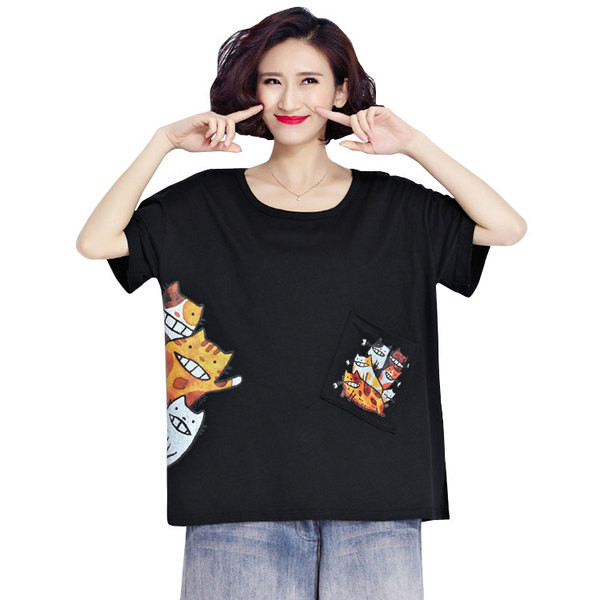 ΜΑΧΙ μεγέθους γυναικείο t-shirt  με  γατάκι σε τρία χρώματα