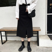 Fusta de dama cu talie inalta si cu crapatura in negru