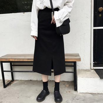 Fusta de dama cu talie inalta si cu crapatura in negru