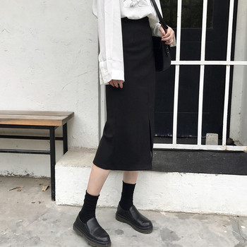 Fusta de dama cu talie inalta si cu crapatura in negru