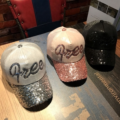 Women`s hat with sequins and inscription in three colors