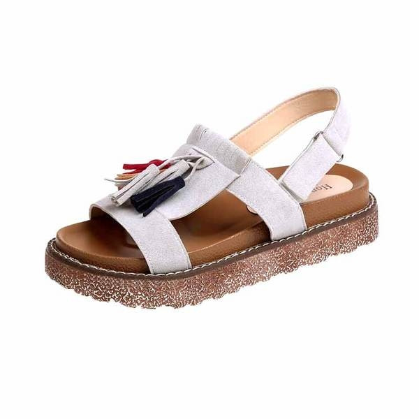 Sandale de dama de culoare crem din piele ecologica cu ciucuri