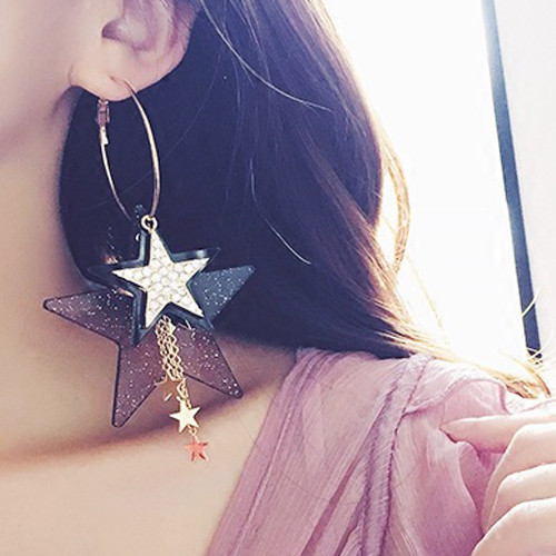 Cercei rotunzi de dama cu element stea in doua culori