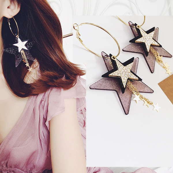 Cercei rotunzi de dama cu element stea in doua culori