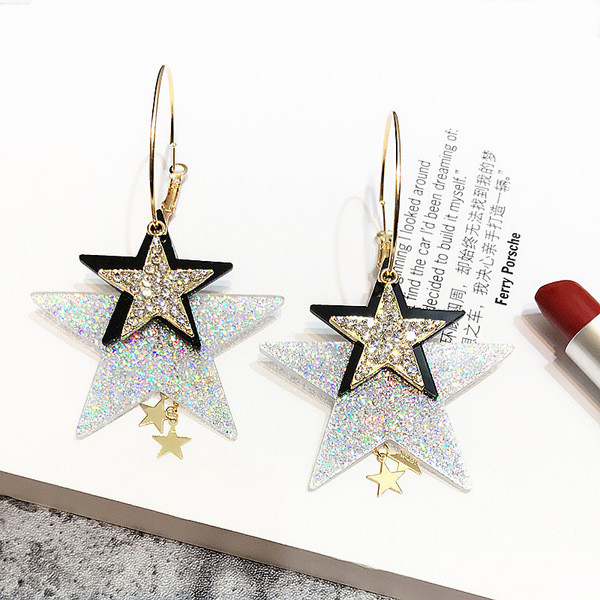 Cercei rotunzi de dama cu element stea in doua culori