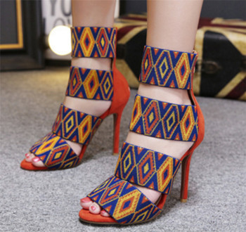 Дамски сандали на висок ток с широки каишки в етно мотив - 2 модела