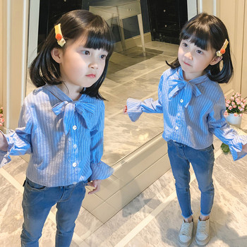 Παιδικό πουκάμισο για κορίτσια με κολάρο σε σχήμα Ο σε μπλε και ροζ χρώμα