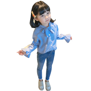 Παιδικό πουκάμισο για κορίτσια με κολάρο σε σχήμα Ο σε μπλε και ροζ χρώμα