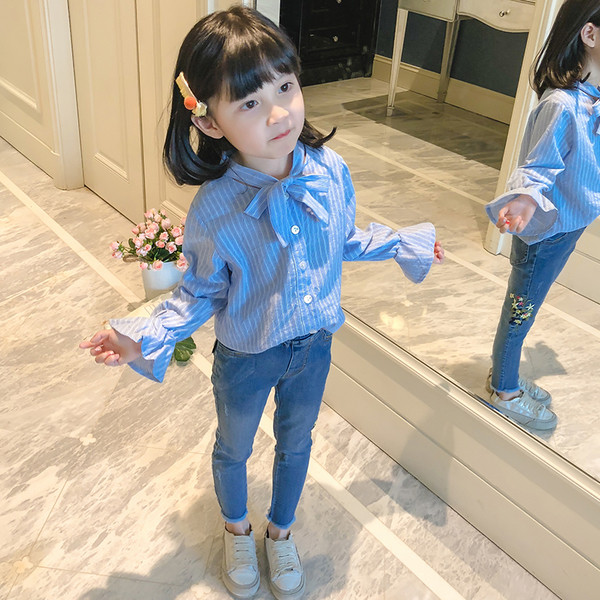 Παιδικό πουκάμισο για κορίτσια με κολάρο σε σχήμα Ο σε μπλε και ροζ χρώμα