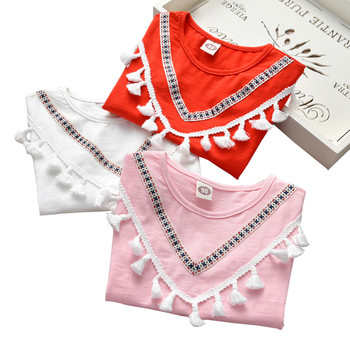 Παιδικό t-shirt για κορίτσια με φούντες σε λευκό, ροζ και κόκκινο χρώμα