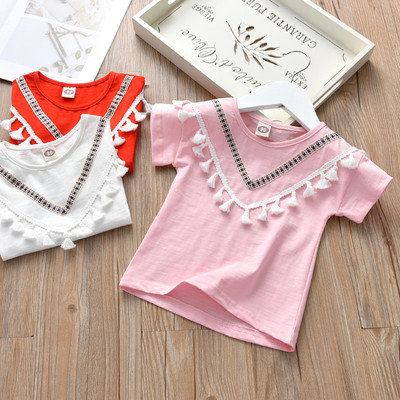 Детска тениска за момичета с пискюли в бял, розов и червен цвят