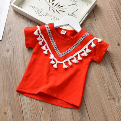 Παιδικό t-shirt για κορίτσια με φούντες σε λευκό, ροζ και κόκκινο χρώμα