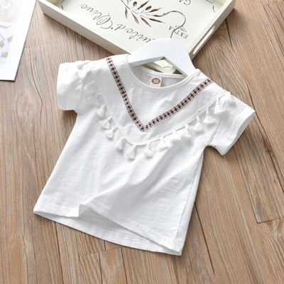 Παιδικό t-shirt για κορίτσια με φούντες σε λευκό, ροζ και κόκκινο χρώμα