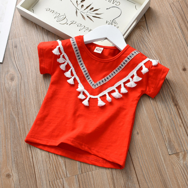 Παιδικό t-shirt για κορίτσια με φούντες σε λευκό, ροζ και κόκκινο χρώμα