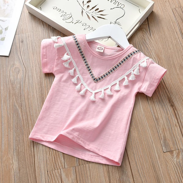 Παιδικό t-shirt για κορίτσια με φούντες σε λευκό, ροζ και κόκκινο χρώμα