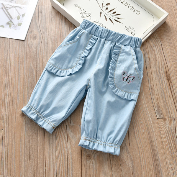 Pantaloni copii pentru fete cu talie elastica si broderie in albastru