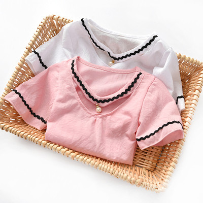 Детска тениска за момичета с декорация перла в бял и розов цвят