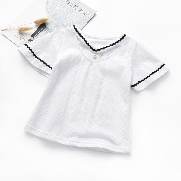 Tricou pentru fete pentru copii cu decor de perle in alb si roz