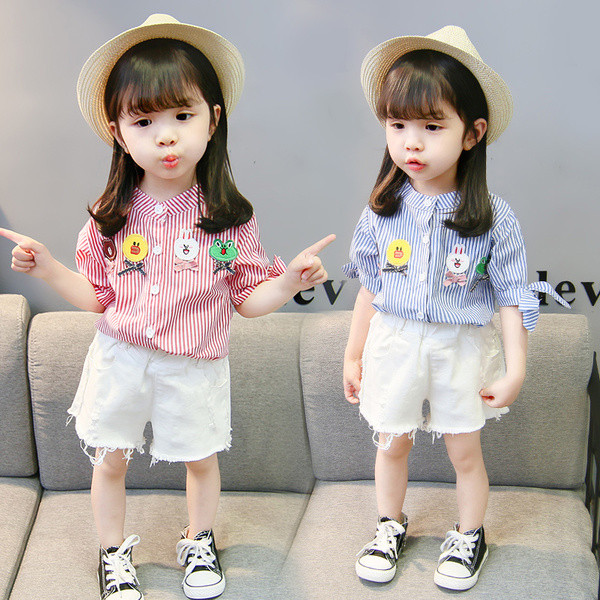 Cămașă pentru fete pentru copii cu broderie în dungi în albastru și roșu