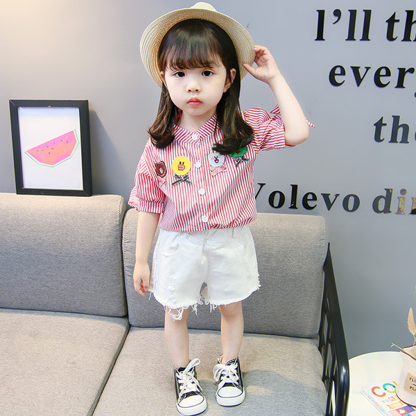 Cămașă pentru fete pentru copii cu broderie în dungi în albastru și roșu